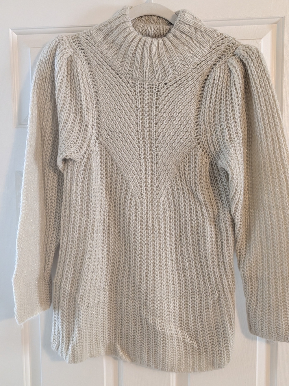 Express Cream Ribbed Turtleneck Sweater with Puff Shoulders